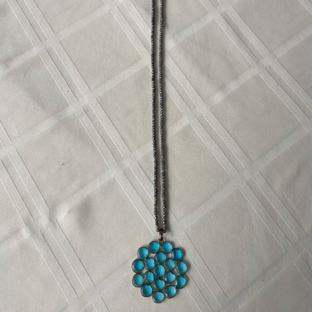 Long Gray Beaded Necklace with Fun Turquoise Round Glass Pendant